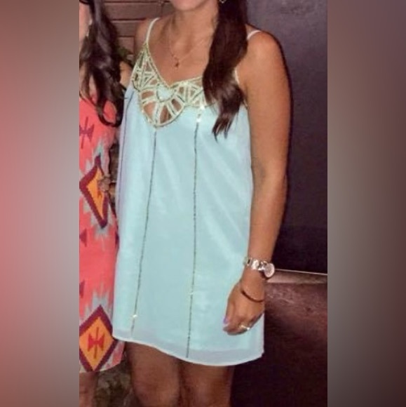 Mint Green Shift Dress w/Gold Bead Detail & Key Holes - Picture 4 of 4